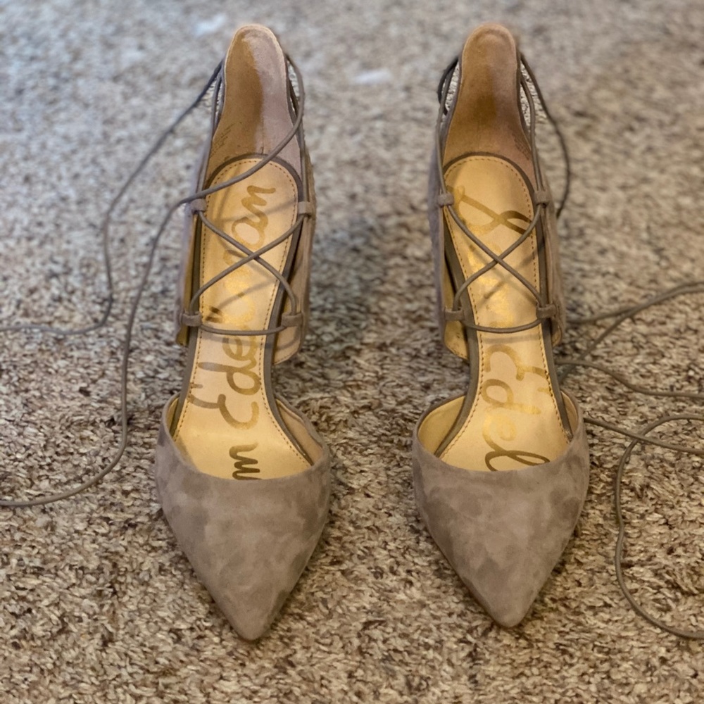 Taupe suede lace up heels